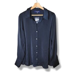 Rachel Roy Button Up Long Sleeve Blouse Midnight Blue Silky Soft NWT Size XL
